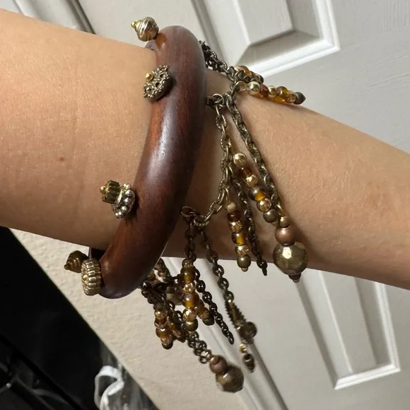 Wooden Bracelet with Gold Accents and Chains - Picture 5 of 13